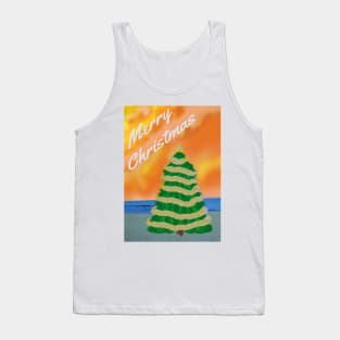 Tropical Merry Christmas. Decorated Tree on a Sandy Beach. Tank Top